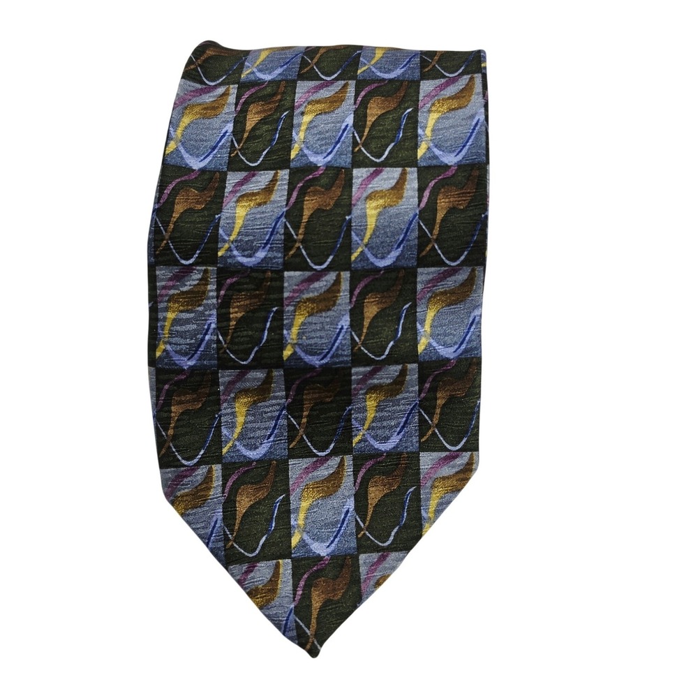 J. Garcia Necktie Mens OS Blue Gold Abstract Grid Silk Art Tie